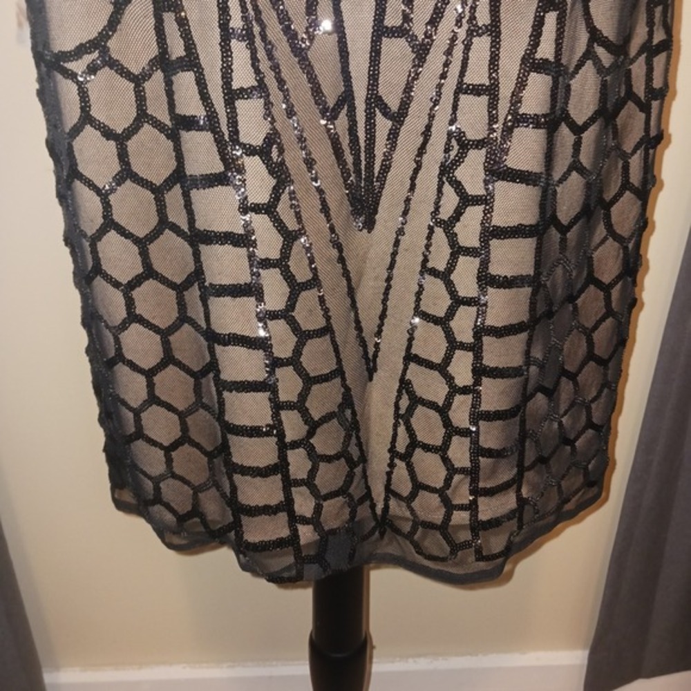 R&M Richards Petite Black Sequin Bling Art Deco Mesh Cocktail Dress 12P - Picture 3 of 9